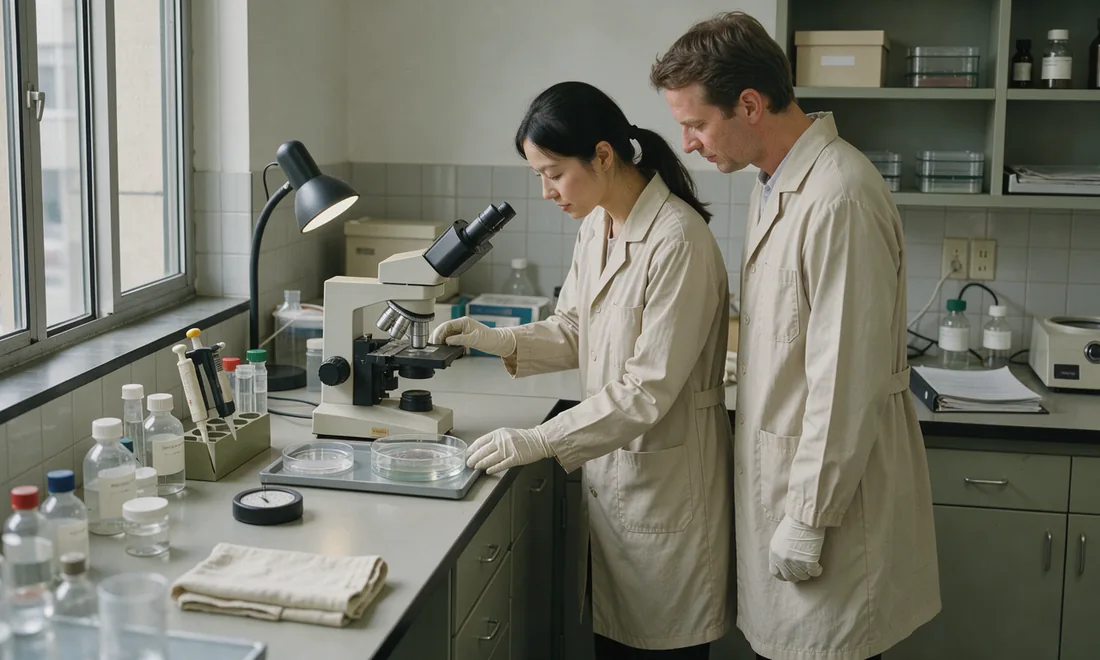 Two researchers examining a culture dish beside an inverted microscope