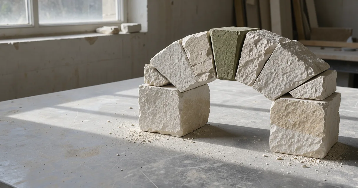 A limestone model arch with an olive central wedge on an oatmeal worktable