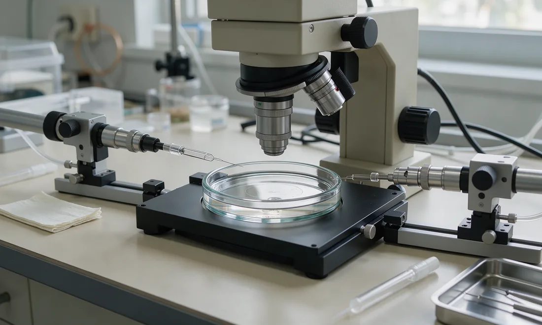 A glass culture dish positioned beneath an embryology microscope and micromanipulators