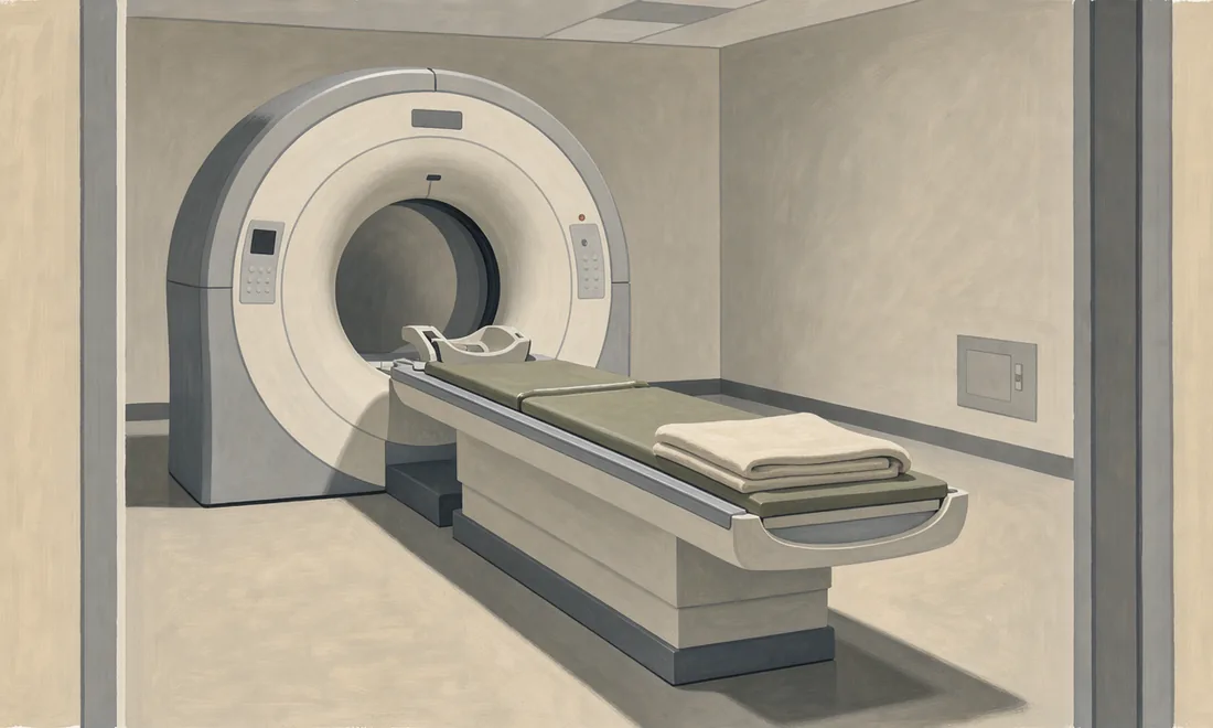 An unoccupied MRI scanner with an extended table in a softly lit room